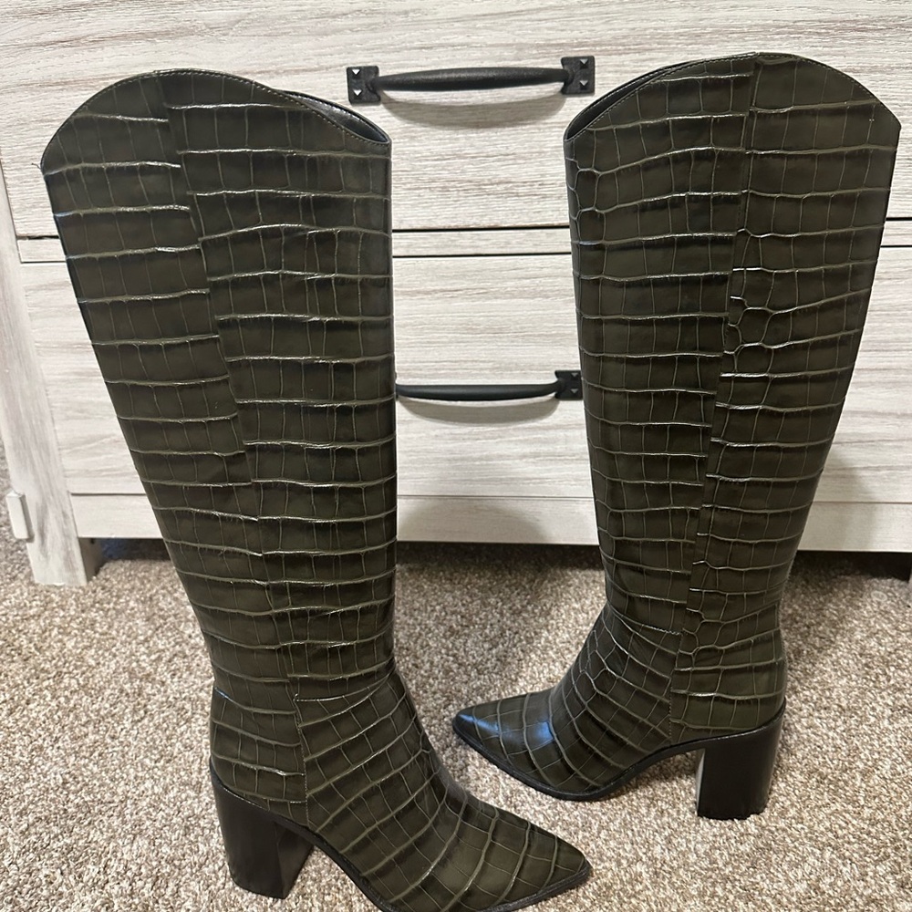 Franco Sarto Olive Crocodile-Embossed Over the Knee Boots